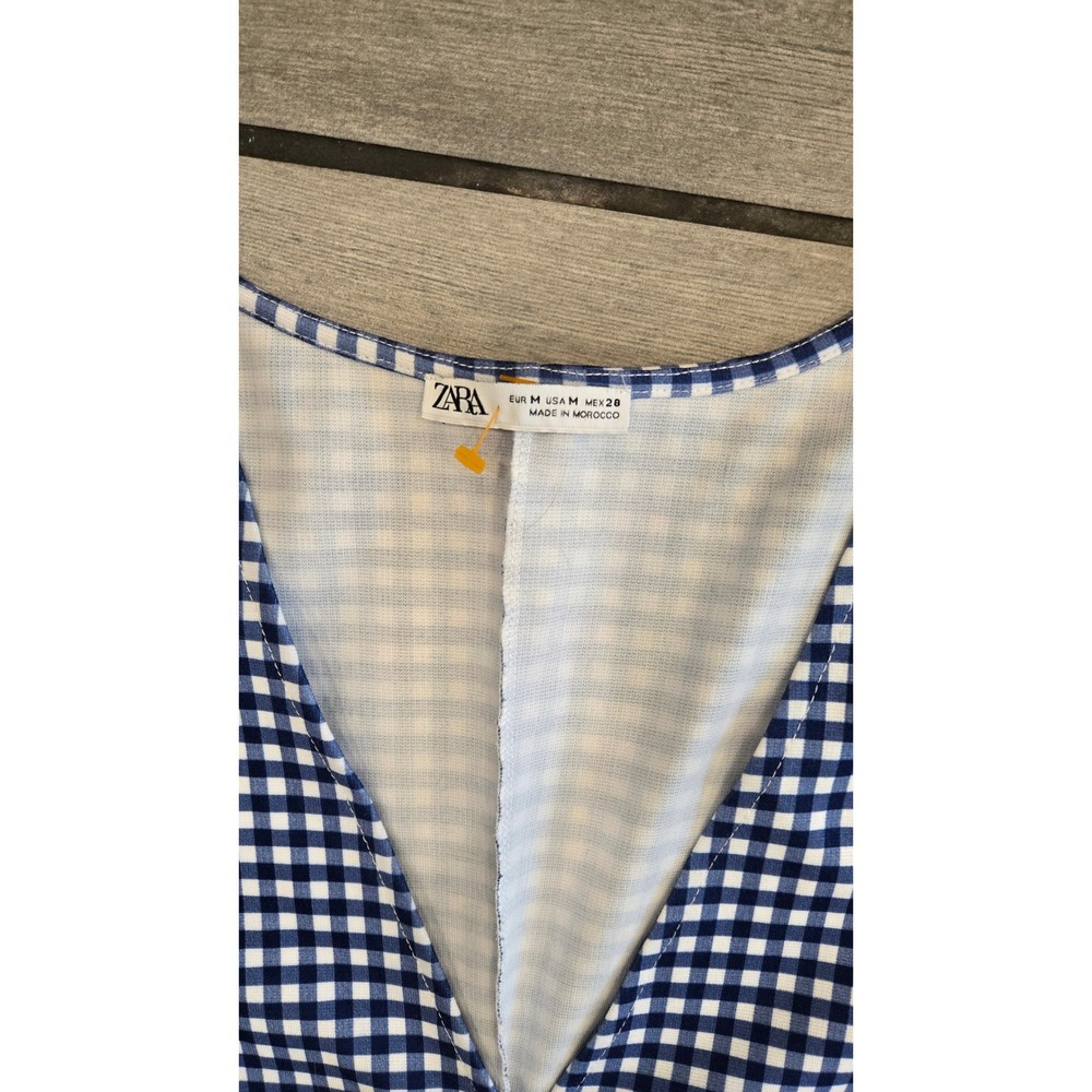 Zara Blue White Gingham Button Front V-Neck Midi Dress Short Sleeve Size Medium - Picture 2 of 6